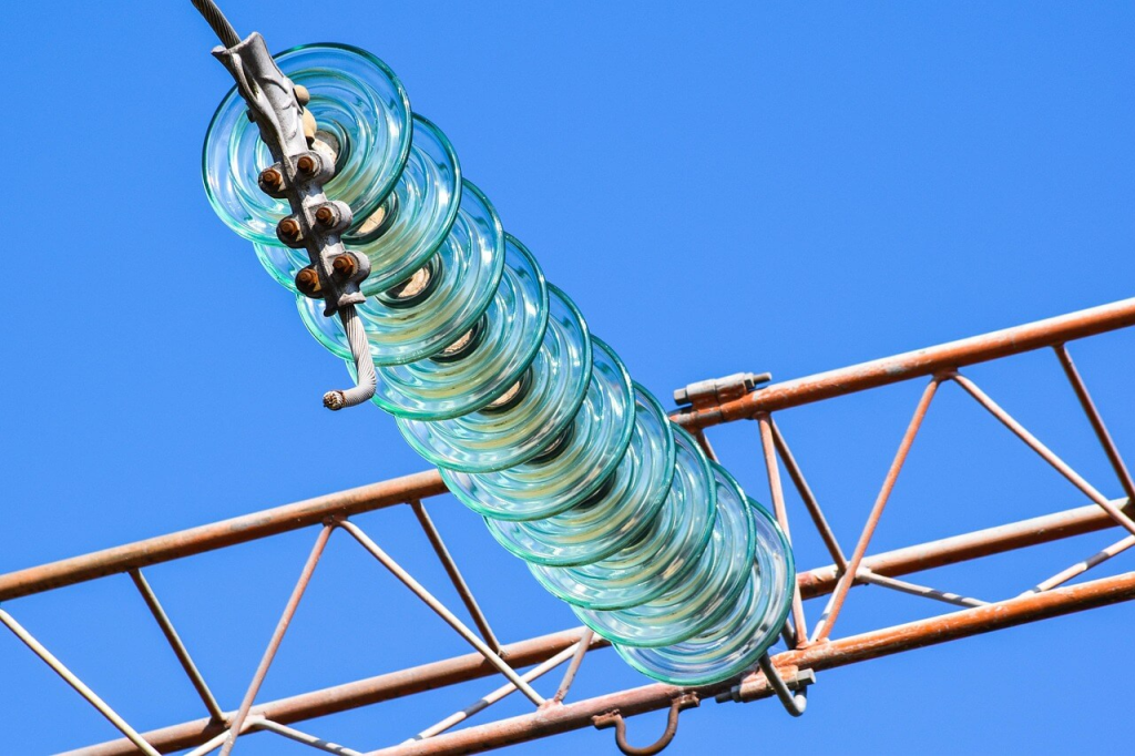Glass insulators used for overhead power lines.