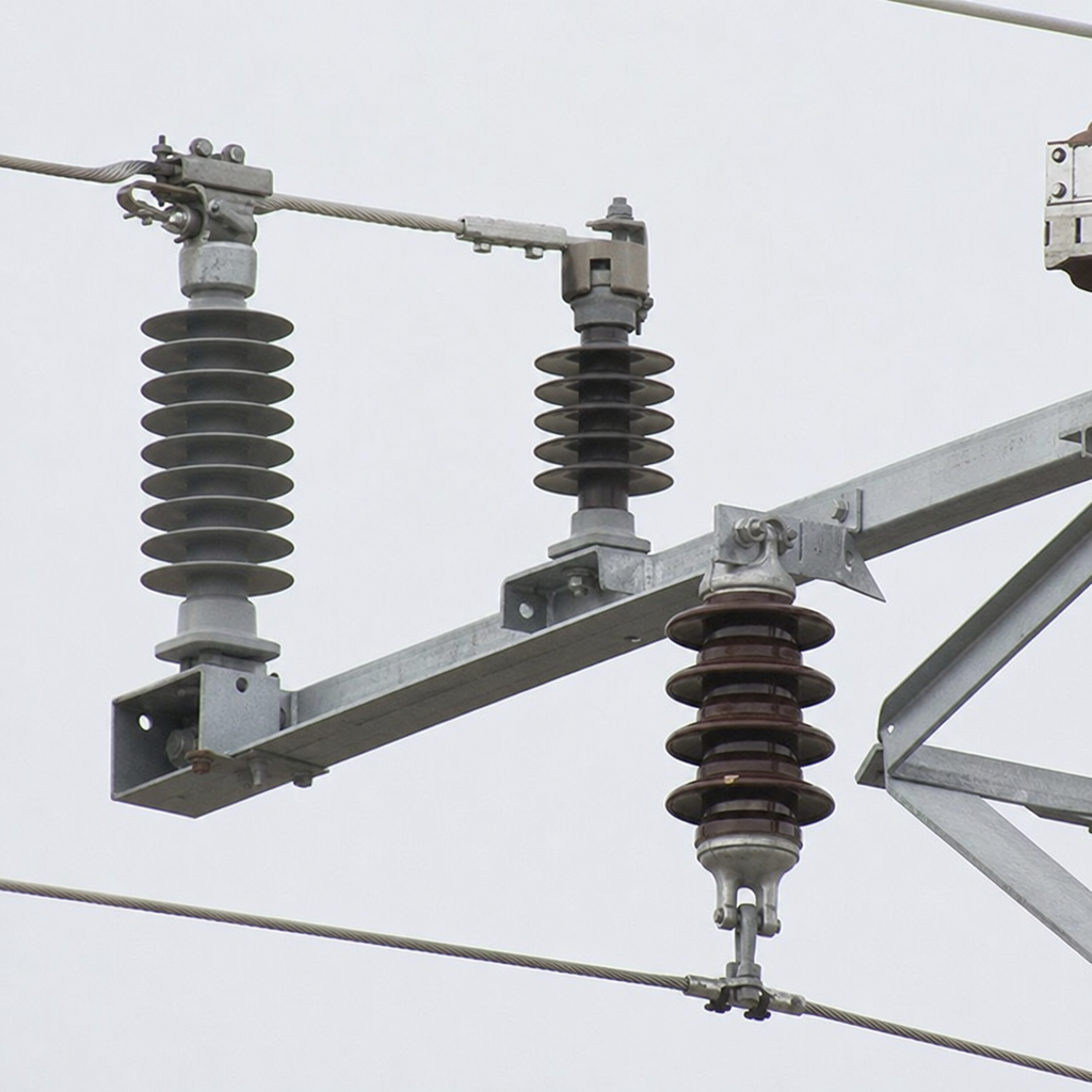 polymer and porcelain electrical insulators installed on transmission hardware