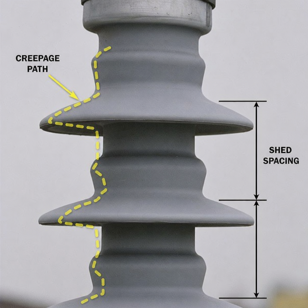 Polymer Insulator Types: Key Differences & Uses 2 close-up of silicone rubber weather sheds showing creepage path and shed spacing on a high voltage insulator