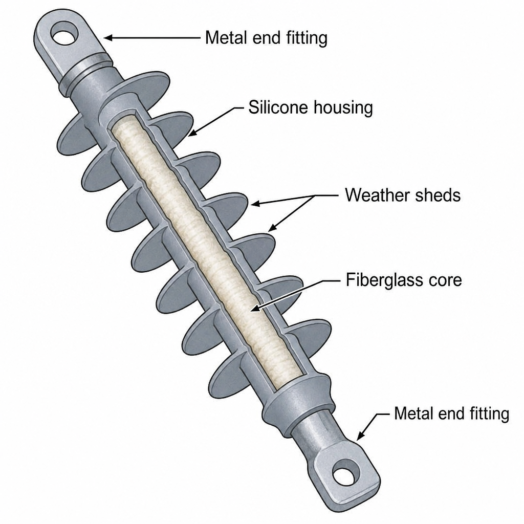 Polymer Insulator Types: Key Differences & Uses 1 cutaway diagram of a polymer insulator showing fiberglass core, silicone housing, weather sheds, and metal end fittings