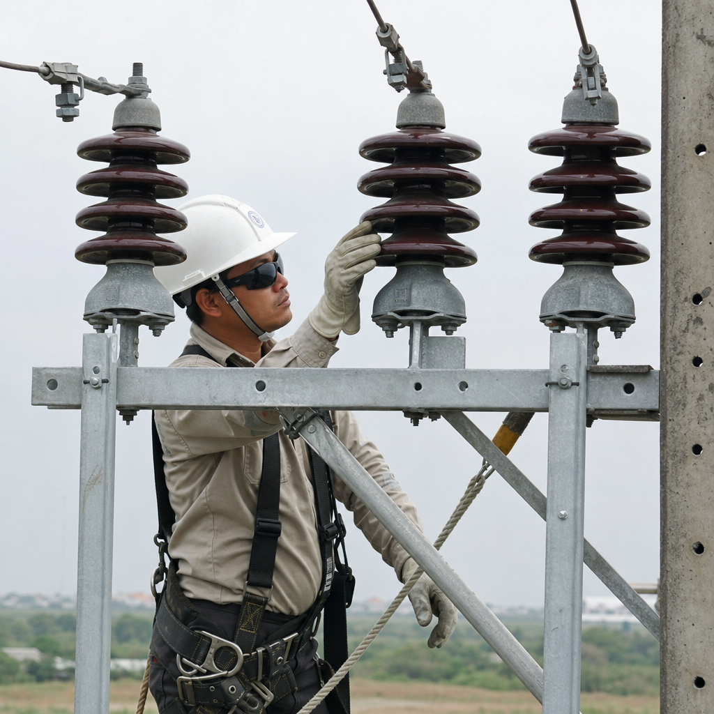 line worker inspecting ceramic insulators on utility structure